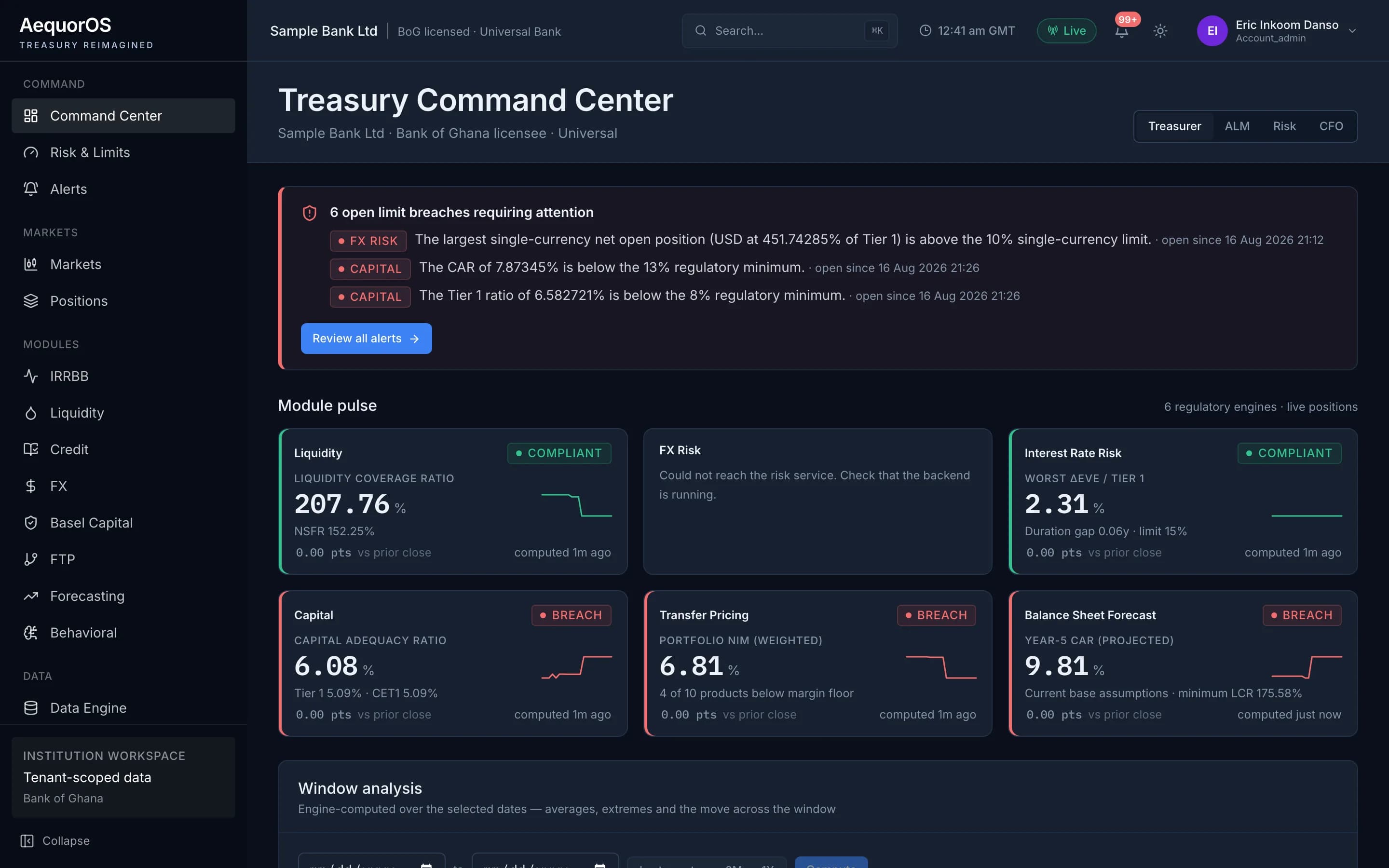 AequorOS Command Center dashboard showing live module status cards for Treasury and Risk engines
