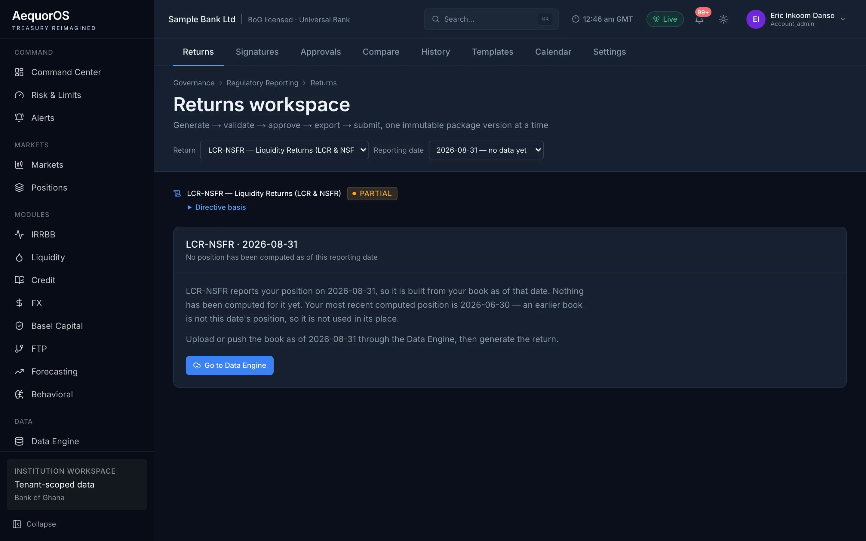 AequorOS regulatory submissions workspace with Bank of Ghana return packages